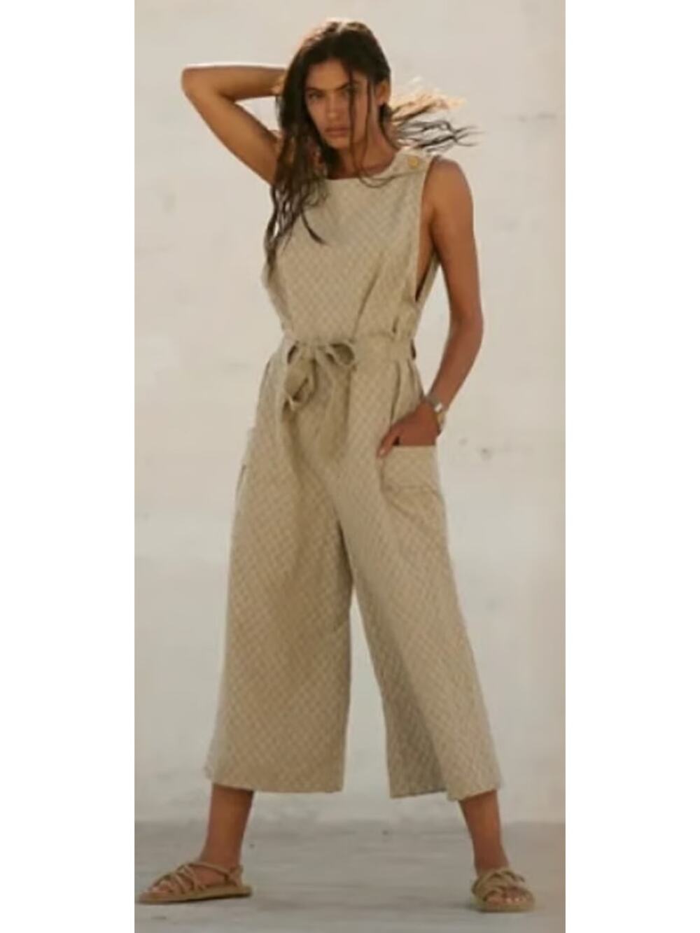 Free People She's A Catch Wide Leg Cropped Jumpsuit Size Small Waffle Honeycomb